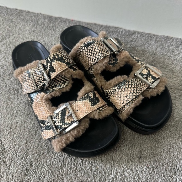 Aerosoles Olivia Faux Shearling Snake Buckle Slide Sandals